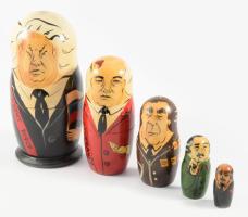 Jelcin, Gorbacsov, Brezsnyev, Sztálin, Lenin, stb. festett fa matrjoska babák 5 db 5-18 cm-ig