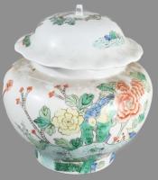 Kínai fedeles edény. madaras díszítéssel. Kézzel festett, jelzett, hibátlan ca 1900 d: 25 cm, m: 25 ...