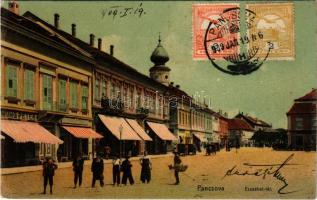 1909 Pancsova, Pancevo; Erzsébet tér, üzletek / square, bank, shops (EK)