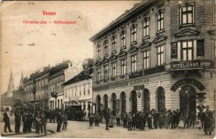 1909 Versec, Werschetz, Vrsac; Városház utca, Verseczi Hitelbank, Győri Mór, G. Florian üzlete, szál...