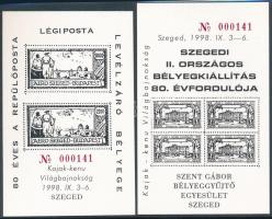 1998 Szegedi II. Országos Bélyegkiállítás 80. évfordulója - Kajak-kenu Világbajnokság feketenyomat e...