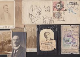 1840 Kötelező levél 1912-es okmánybélyegekkel + 1937 MÁV arcképes igazolvány + 6 db keményhátú fotó