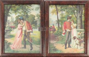 Ca 1900 2 db huszáros metszet, üvegezett keretben 18x24 cm