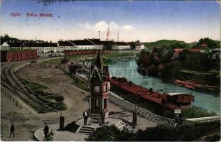 1915 Győr, Rába részlet, vonat, uszály. Glass &amp; Tuchner (EK)