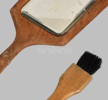 Régi fa keretes kézi tükör, fózolt. kopott + ecset 32 cm, 19 cm