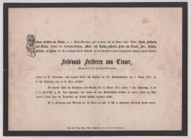1859 Bécs, Ferdinand Freiherr von Clauer, a bécsi államadósság-pénztár tisztviselője halotti értesít...