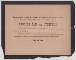 1882 Fény (Foen, Foeni), Pauline Paw von Lyonfeld halotti értesítője (gyászolja fényi Mocsonyi Laura...