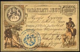 Nyitra 1875 Vadászati jegy 12Ft benyomott okmánybélyeggel. Hajtott