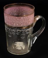 Régi üvegpohár. Kézzel festett, XIX. sz. hibátlan 11 cm