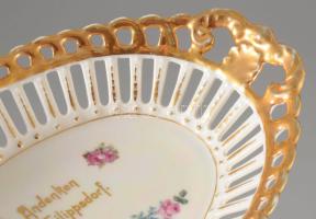 Andenken an Philippsdorf. Áttört porcelán tál. kézzel festett, hibátlan 20x14 cm