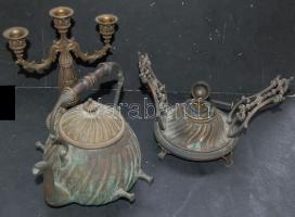 Réz használati tárgyak gyűjteménye díszes teáskanna tartóval, sótartó, díszes gyertyatartó, petróleum-főző