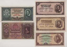 Vegyes 5db-os pengő bankjegy tétel, benne: 1930. 100P "E 181 076574" + 1945. 10.000.000P &...