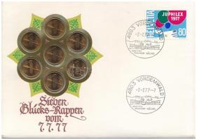 Svájc 1975. 1r bronz (7x) "Sieben Glücks-Rappen vom 7.7.77" felbélyegzett borítékon, alkal...