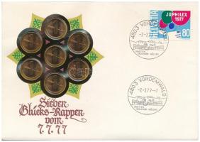 Svájc 1975. 1r bronz (7x) "Sieben Glücks-Rappen vom 7.7.77" felbélyegzett borítékon, alkal...