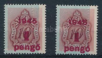 1945 Kisegítő portó 1P/10f 2 db bélyeg az elcsúszott alapnyomatban fehér gyöngysorral (ránc / crease...