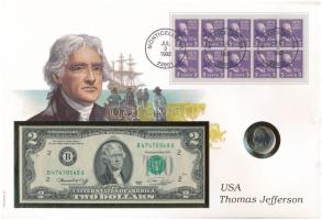 Amerikai Egyesült Államok "Thomas Jefferson" érmés és bankjegyes felbélyegzett boríték, bé...