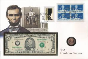 Amerikai Egyesült Államok 1989-1993 5$ bankjegy + 1990 1c "Lincoln" érme felbélyegzett bor...