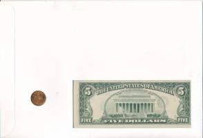 Amerikai Egyesült Államok 1989-1993 5$ bankjegy + 1990 1c "Lincoln" érme felbélyegzett bor...