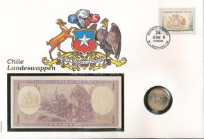 Chile 1970-1973(DN) 1E + 1992. 100P felbélyegzett bankjegyes és érmés boríték bélyegzéssel, német ny...
