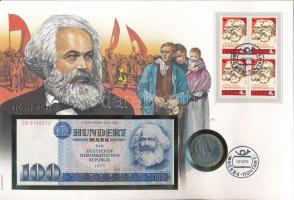 Német Demokratikus Köztársaság "Karl Marx" érmés és bankjegyes felbélyegzett boríték, bély...