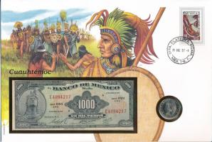 Mexikó 1982. 50c Cu-Ni + 1974. 1000P "Cuauhtémoc" érmés és bankjegyes felbélyegzett boríté...