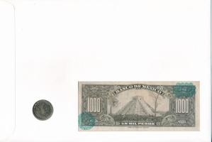 Mexikó 1982. 50c Cu-Ni + 1974. 1000P "Cuauhtémoc" érmés és bankjegyes felbélyegzett boríté...