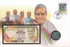 Zambia 1968. 20n Ni-sárgaréz + 1989. 5K érmés és bankjegyes felbélyegzett borítékban, német nyelvű l...