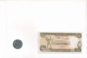 Zambia 1968. 20n Ni-sárgaréz + 1989. 5K érmés és bankjegyes felbélyegzett borítékban, német nyelvű l...