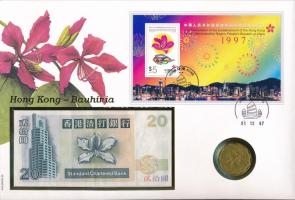 Kína / Hongkong 1995. 20$ + 1993. 2$ Cu-Ni "Orchideafa" felbélyegzett borítékban, alkalmi ...