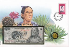 Mexikó 1972. 5c sárgaréz + 1971. 5P "Josefa Ortiz de Dominguez" érmés és bankjegyes felbél...