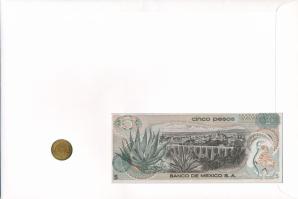 Mexikó 1972. 5c sárgaréz + 1971. 5P "Josefa Ortiz de Dominguez" érmés és bankjegyes felbél...