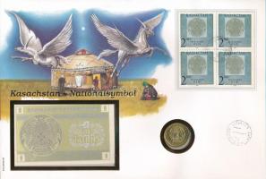 Kazahsztán 1993. 1T + 1993. 50T "Nemzeti Szimbólum"érmés és bankjegyes felbélyegzett borít...
