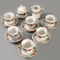 Kalocsai Porcelán 6 darab csésze alátéttel + cukortartó, tejkiöntő, jelzett