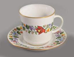 Kalocsai Porcelán 6 darab csésze alátéttel + cukortartó, tejkiöntő, jelzett