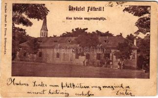 Fót, Kiss István-féle vendéglő, étterem, Református templom tornya. Fischer Dezső és Társa kiadása (...