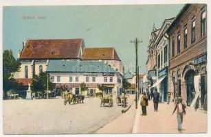 1916 Torda, Turda; Fő tér, gyógyszertár, Hrubecz, Tömlő István üzlete, Kerületi Munkásbiztosító. W.L...