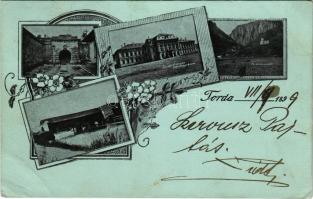1899 Torda, Turda; Torda-Aranyos vármegyeháza, sóbánya bejárata, híd, Tordai hasadék / Turda-Aries c...