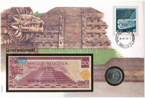 Mexikó 1977. 20P + 1982. 5P Cu-Ni "Tollaskígyó" érmés és bankjegyes borítékban, bélyeggel,...