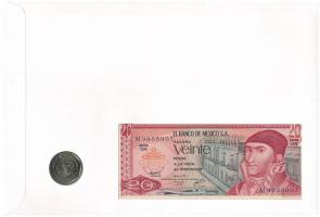 Mexikó 1977. 20P + 1982. 5P Cu-Ni "Tollaskígyó" érmés és bankjegyes borítékban, bélyeggel,...
