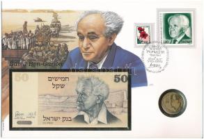 Izrael 1978. 50S bankjegy + 1985. 50S Al-bronz "David Ben Gurion" felbélyegzett borítékban...
