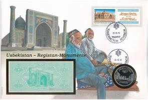Üzbegisztán 1992. 3S + Szovjetunió 1989. 5R Cu-Ni "Samarkand" érmével felbélyegzett boríté...