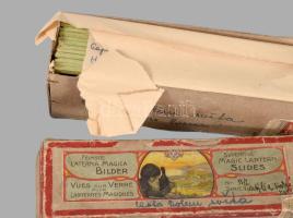 cca 1900 Laterna magica, illetve 2x12 darab laterna magica üveglap eredeti dobozában