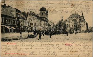 1900 Kassa, Kosice; Fő utca, Nemzeti színház hátsó homlokzata, üzletek. Divald műintézetéből / main ...