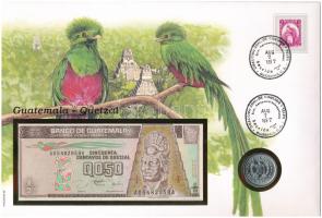 Guatemala 1996. 1/2Q (50c) + 1996. 25c Ni-sárgaréz felbélyegzett borítékban, bélyegzéssel, német nye...