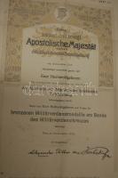 1915 Szecessziós, bronz katonai szolgálati medál viselésére jogosító oklevél / Warrant for military order 30x45 cm