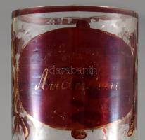 cca 1860 Bíborpácolt feliratos emlékpohár, kopással, m: 11 cm