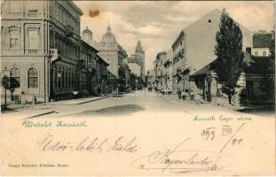 1899 Kassa, Kosice; Kossuth Lajos utca, üzletek. Varga Bertalan kiadása / street, shops (fl)