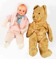 Régi baba és teddy mackó, m: 28-32 cm