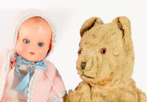 Régi baba és teddy mackó, m: 28-32 cm