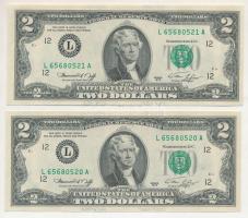 Amerikai Egyesült Államok 1976. 2$ (2x) sorszámkövetők "L 65680520 A - L 65680521 A", Szig...